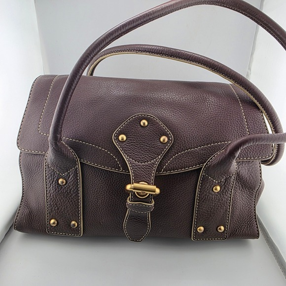 Maxx New York Brown Leather Satchel Handbag Purse Gold Studded‎ Designer Style - Picture 1 of 12